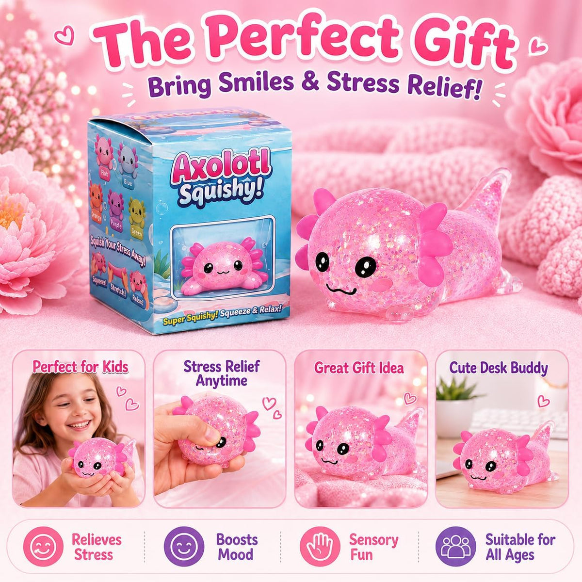 Glitter Axolotl Squishy Toy – Slow-Rising Sensory Fidget Toy