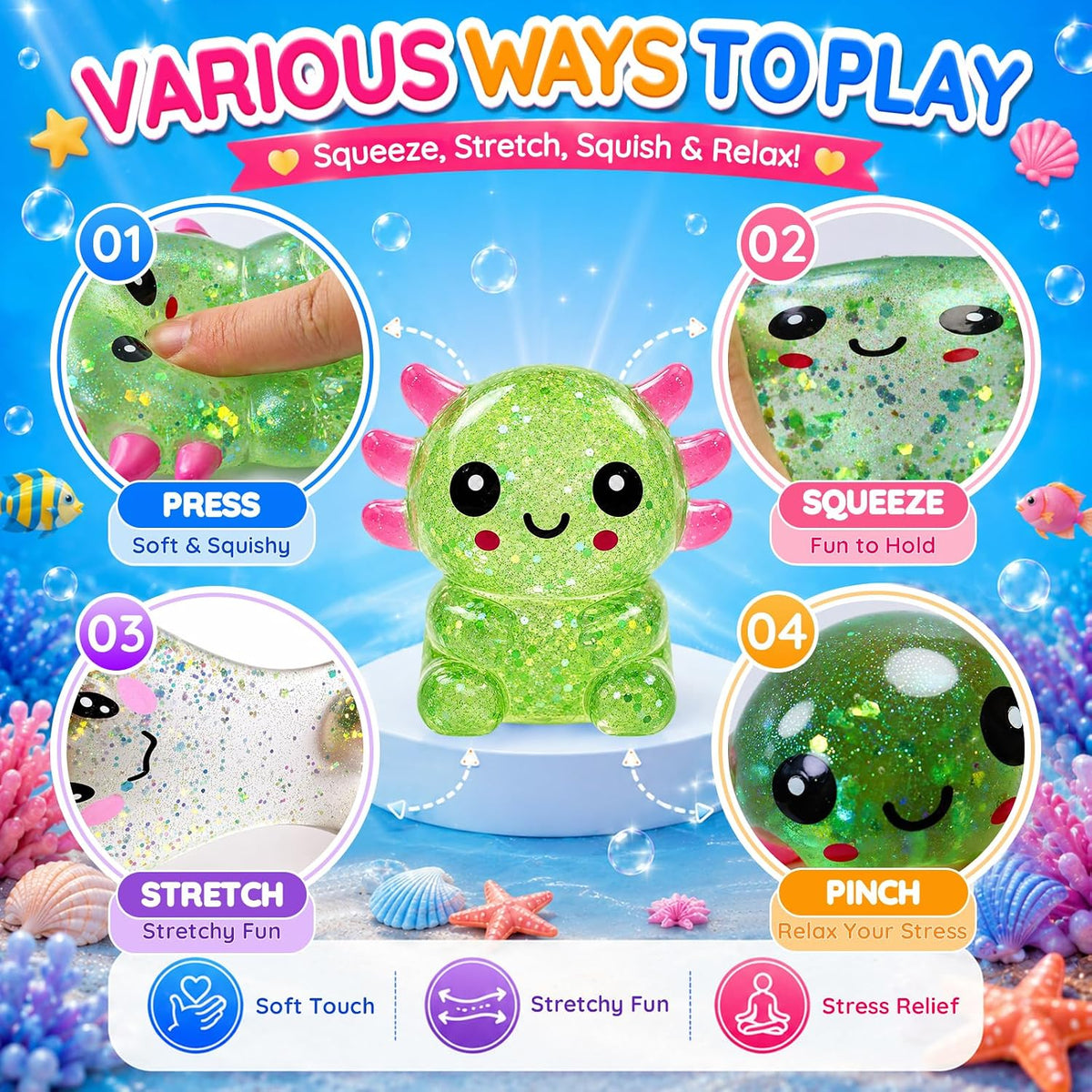 Glitter Axolotl Squishy Toy – Soft Sensory Squeeze Fidget